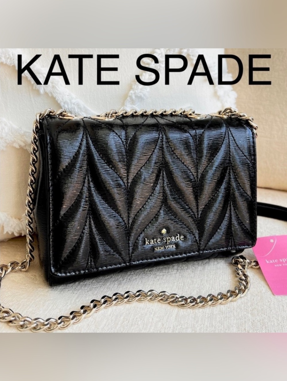 KATE SPADE mini Emelyn quilted Patent leather crossbody shoulder bag BLACK